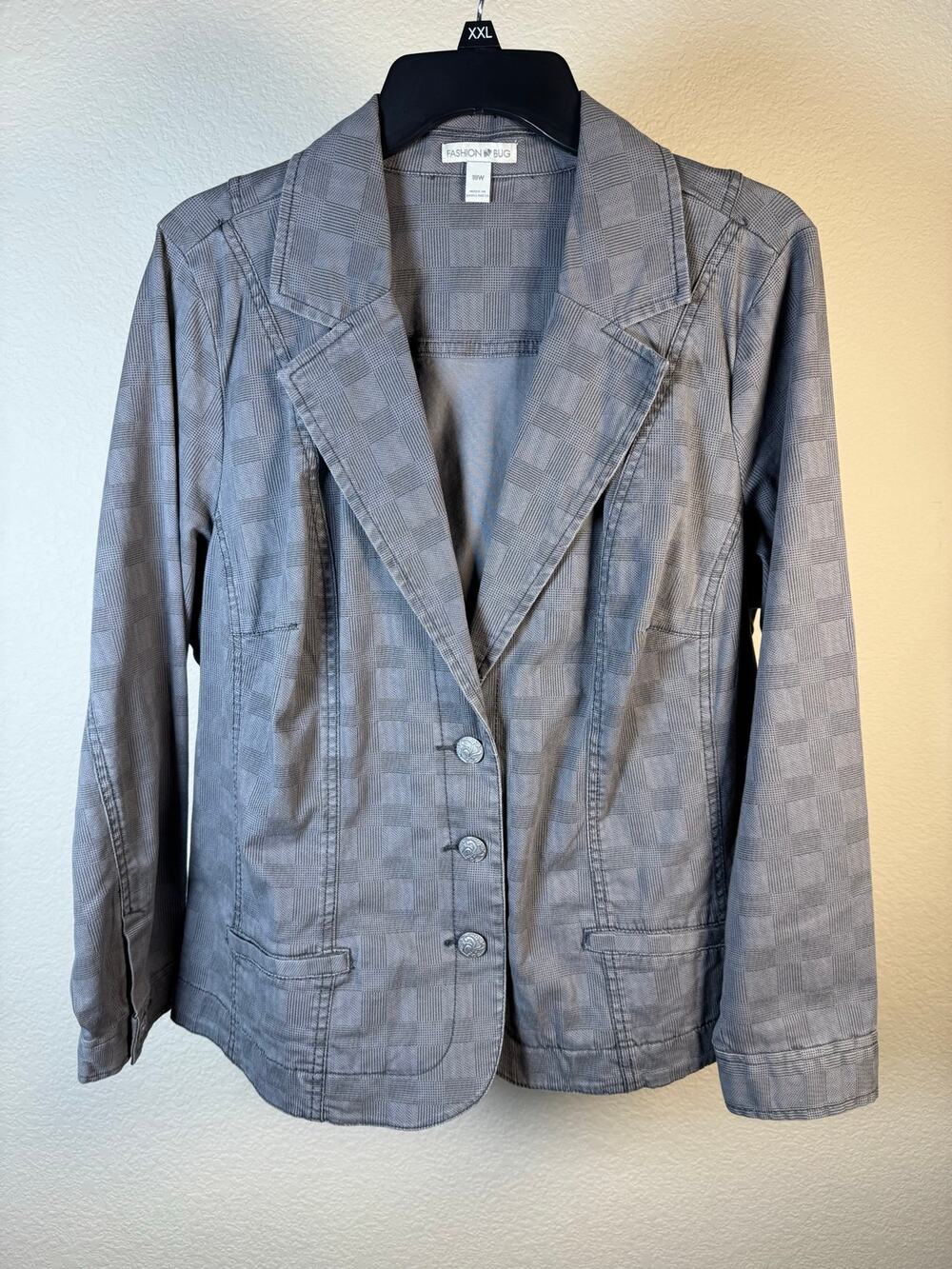 Fashion Bug Vintage Cotton Plaid Blazer Jean 3 Button Jacket Gray Plus 18W